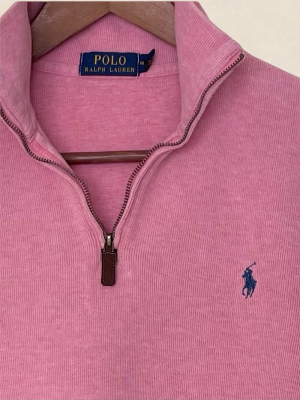 Vintage Polo Ralph Lauren Quarter Zip Pullover Pink 90s Y2K Leather Pull Cotton